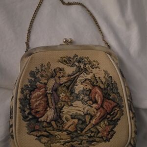 Beige Tapestry Embroidered Evening Clutch with Gold Chain